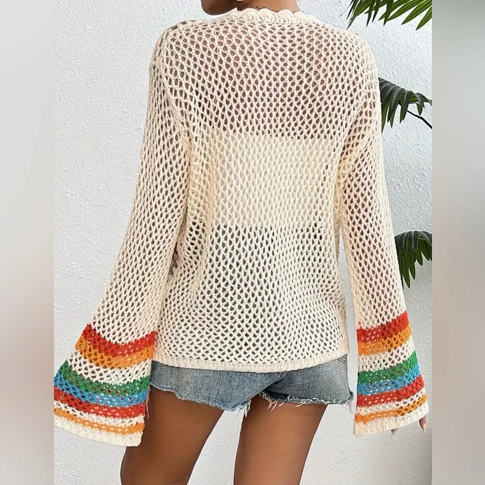 NEW| Women's Crochet Floral Pattern Long Sleeve Lightweight Knit Cadigan - Picture 2 of 8